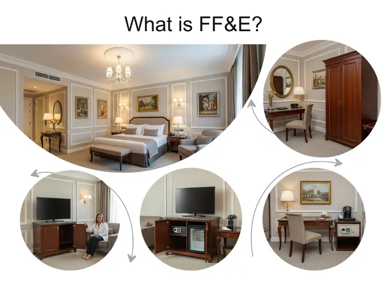 Hotel FF&E furniture including bed, desk, wardrobe and TV unit.